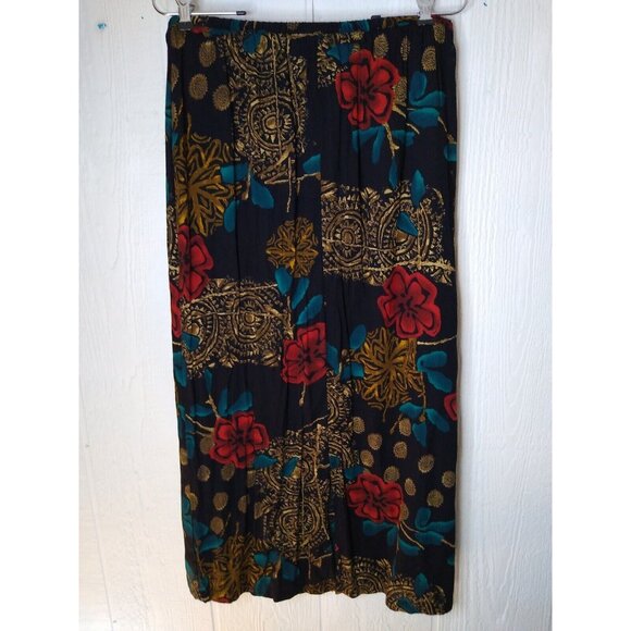 Vtg California Krush Maxi Skirt Women's M Black Floral Boho Rayon Crepon Pull On - Picture 3 of 6